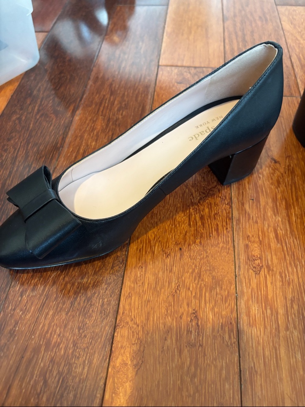 kate spade Black Leather Block Heel Pumps with Bow Accent - Picture 4 of 8